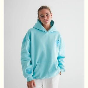 PINK PALM PUFF TEAL HOODIE with some little stains